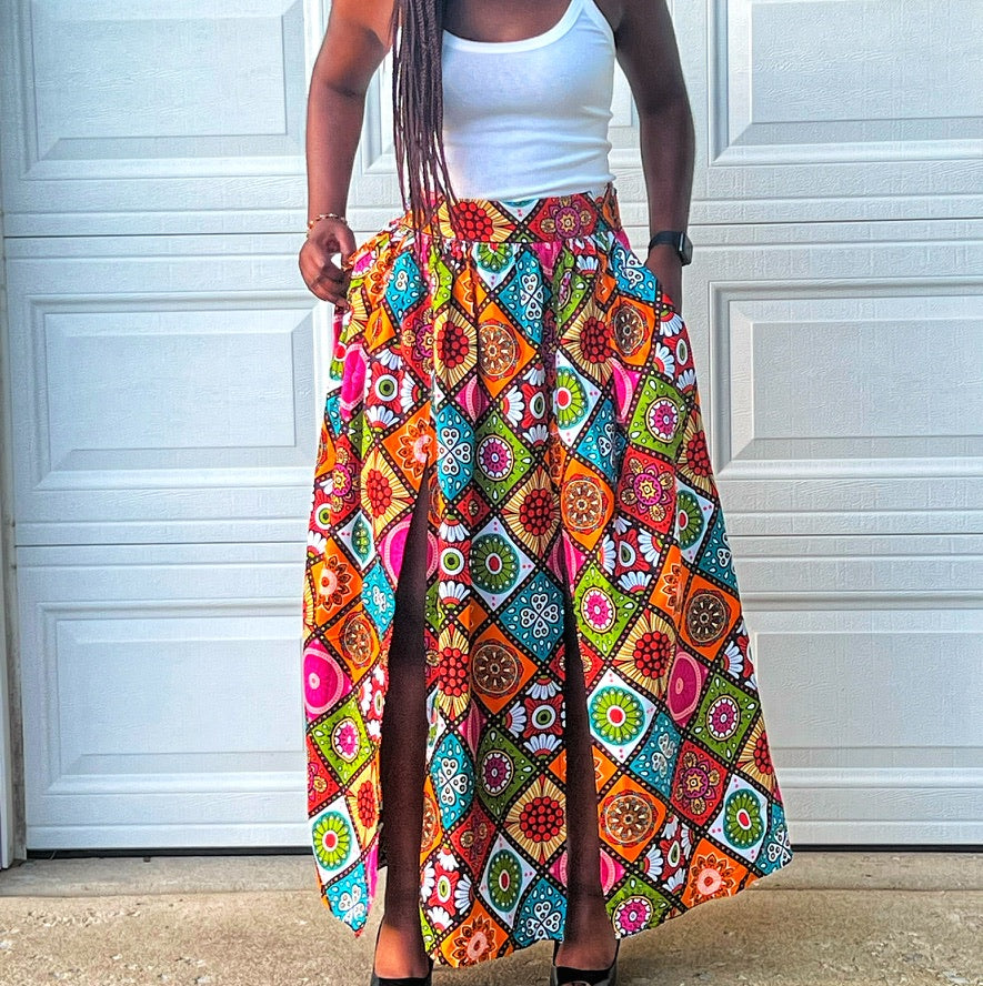 Ayo Double Slit Maxi Skirt (Orange Medallions)