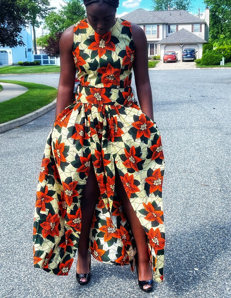 Ayo Double Slit Maxi Skirt (Orange Flowers)