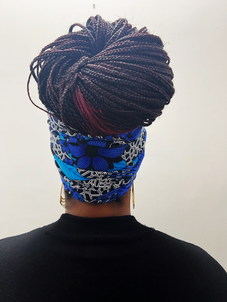 Blue Floral Satin Lined Head Wrap (60 x 14 inches)