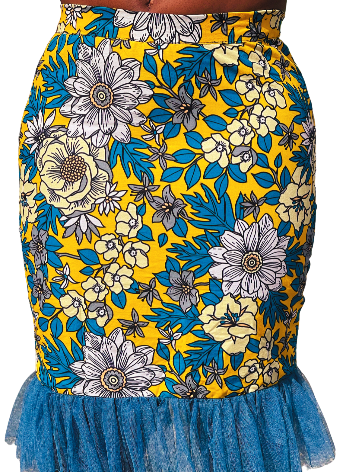 Phebe Turquoise Tulle Hem Yellow Floral Peplum Skirt