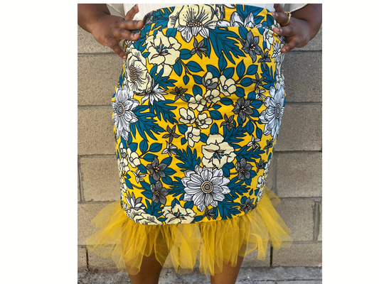 Phebe Yellow Tulle Hem Yellow Floral Peplum Skirt