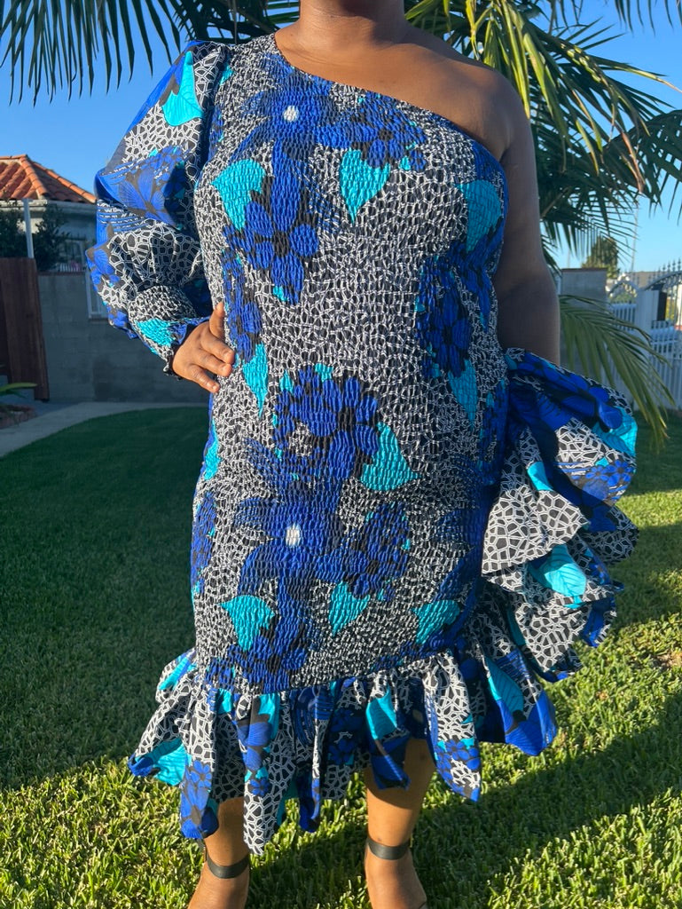 Mojisola One Sleeve Smocked Ankara Midi Dress with Flutter Hem
