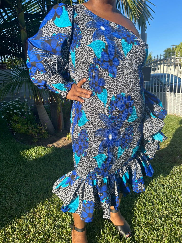 Mojisola One Sleeve Smocked Ankara Midi Dress with Flutter Hem
