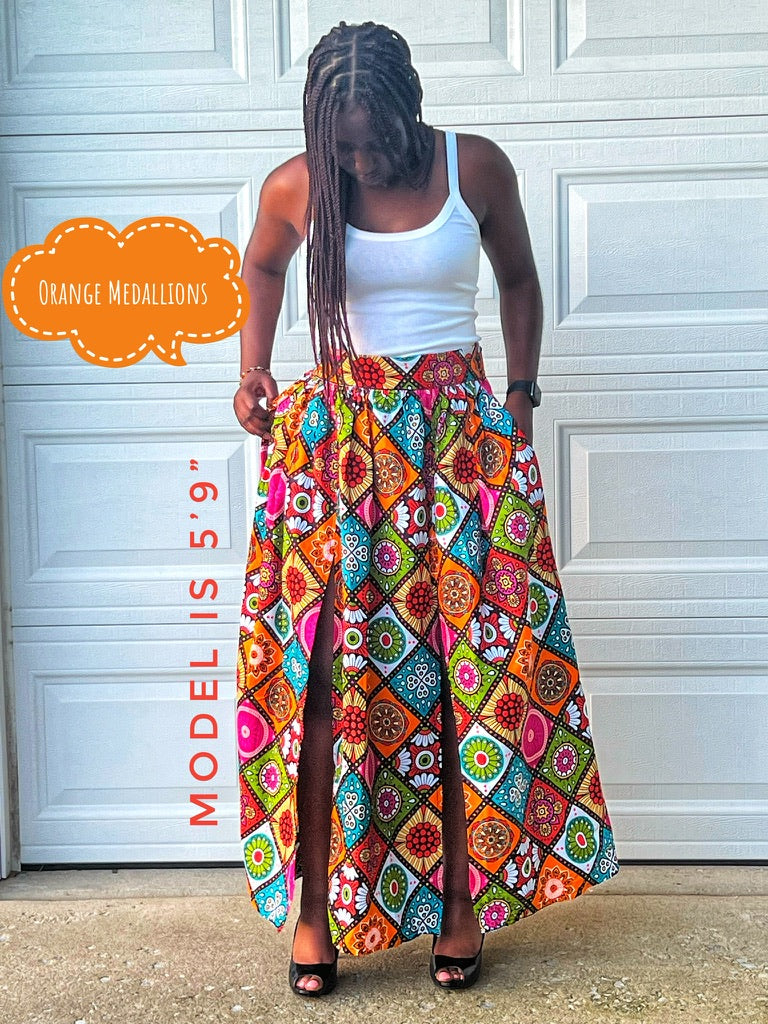 Ayo Double Slit Maxi Skirt (Orange Medallions)