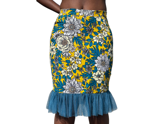 Phebe Turquoise Tulle Hem Yellow Floral Peplum Skirt